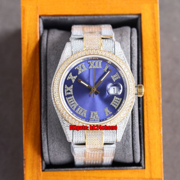

8 styles luxury watches rrf 41mm datejust iced out full diamond eta2824 automatic mens watch arabic blue dial 904l steel 18k gold two tone b, Slivery;brown