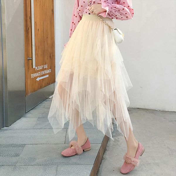 

elegant women ball gown tulle skirt spring korean elastic high waist mesh long skirt summer party pink faldas mujer 2020, Black