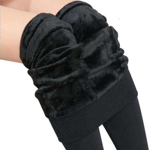 

2020 winter warm pants women plus size high waist leggings trousers velvet thick solid warm super elastic leggings, Black