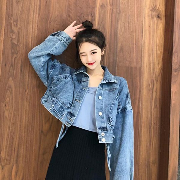 

women's jackets 2021 fashion jeans jacket women spring autumn vintage bat sleeve short denim cross fashionable hem lace up loose coats, Black;brown