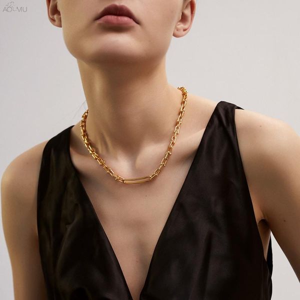 

aomu 2020 korea thick chain ot buckle necklace fashion simple temperament clavicle chain for women men jewelry party, Golden;silver