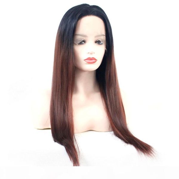 

ombre synthetic lace front wig brown 1b 33 straight glueless synthetic wigs for women half hand tied hair replacement full wig, Black;brown