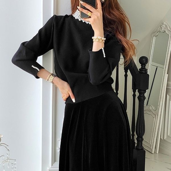 

2021 new elegant women's solid female matching sets black sleeves knitting pullovers waist velvet mid skirt long spring z1k5, Gray