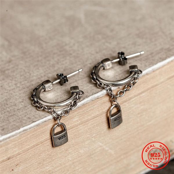 

MKENDN 100% 925 Sterling Silver Creative Retro Tassel Lock Chain Stud Earrings Men Women Trenday Street Hip-hop Punk Jewelry, Golden;silver