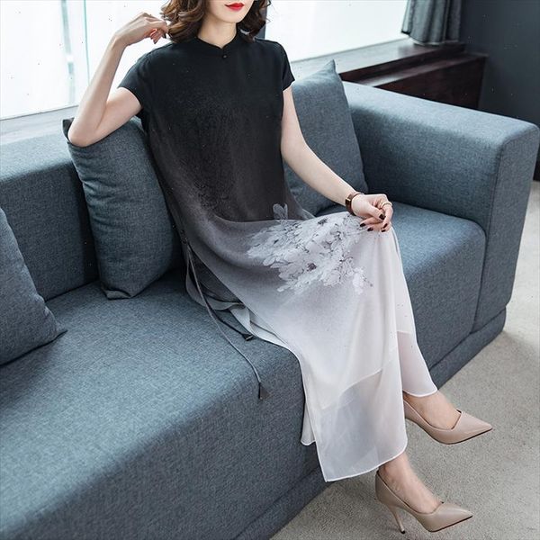 

pink silk dress vintage improved cheongsam elegant large size 2021 spring summer new womens dresses x897, Black;gray