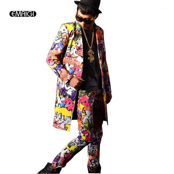 

custom suits men hip hop suits long blazer jacket dress men graffiti suit set stage clothing nightclub costume suit set1, White;black