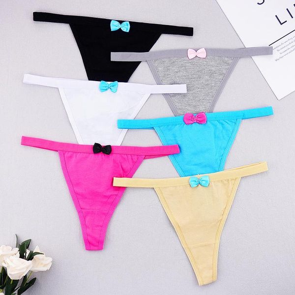 

6pcs/lots women's thong panties string cotton micro bikini low rise bow sport wholesale -xl kawaii erotic tanga, Black;pink