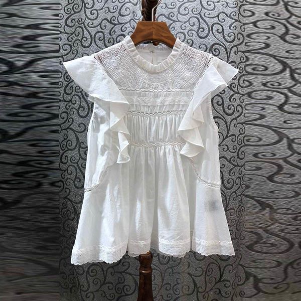 

black/white color cotton ruffles sleeve blouse womens' lace hollow out stand collar sweet 2020 spring summer new lady shirts