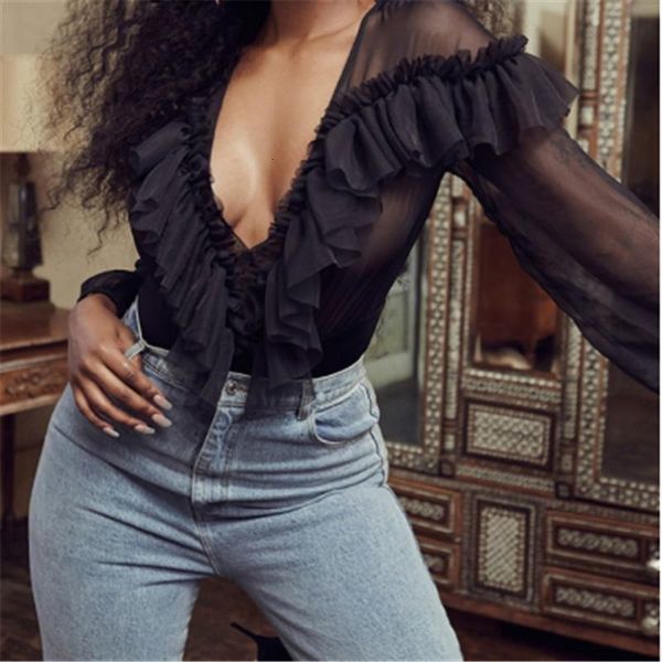 

2019 autumn deep v neck fashion ruffles women bodysuit shirt vintage bodysuit ladies playsuit jumpsuit overalls streetwear, Black;white