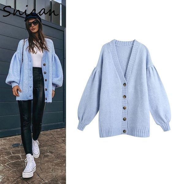 

sncian blue flare sleeve v neck oversize sweater za women winter vintage cardigan femme abrigos mujer invierno sweter zora 201202, White;black