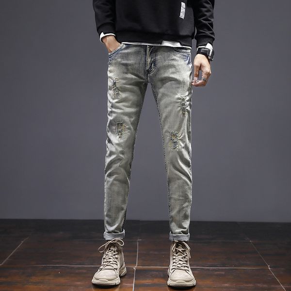 

with holes autumn winter 2020 new youth fashion men's jeans leggings, Blue