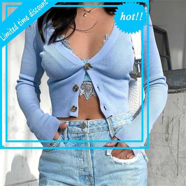 

selling fashion v-neck fall 2021 new irregular long mouths women solid button t-shirt, White