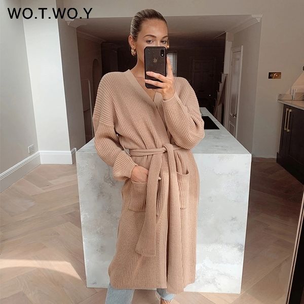 

wotwoy belt knitted long cardigans women autumn winter casual basic sweater woman long sleeve button solid sweaters female 201030, White
