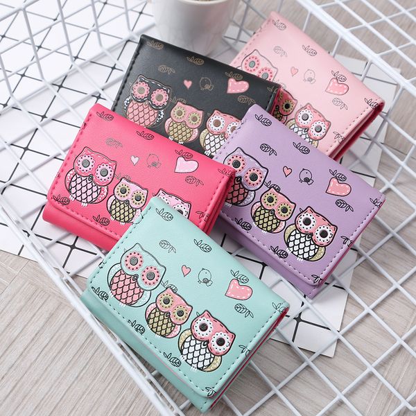 

cute cartoon owl lady short pu wallet leather magnetic buckle small three fold wallet coin purse card holder, Red;black