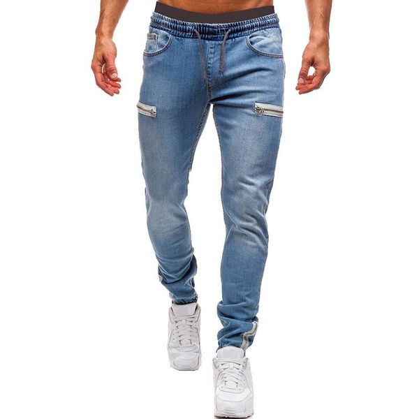 

men's elastic cuffed pants casual drawstring jeans training jogger athletic pants sweatpants 2020 new fashion zipper, Blue