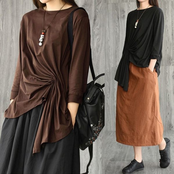 

women's asymmetrical blouse zanzea kaftan pleated casual long sleeve tee shirts female solid blusas oversized tunic 7 y200622, White