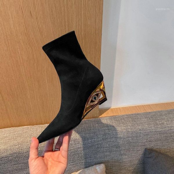 

boots vintage handmade shoes for women kid suede leather female wedges high heels wedding party woman1, Black