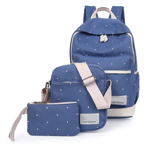 

3pcs korean casual women backpacks canvas book bags light blue & 3 pcs polka dot printing women backpack