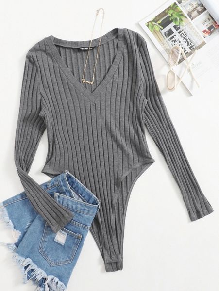 

plus rib-knit tee bodysuit n20n#, Black