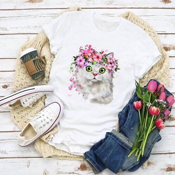 

женщины графический мультфильм кошка цветок милый эстетический летний рубашка топы леди одежда футболка женская одежда футболка женская футб, White