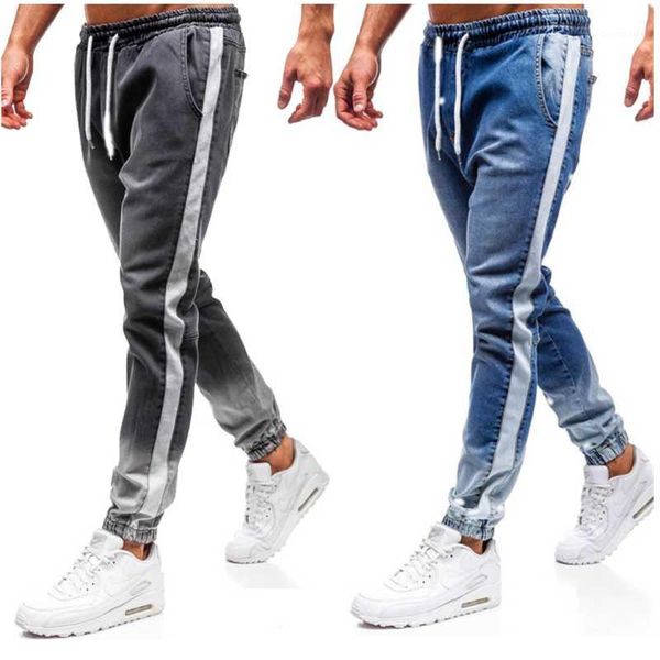 

mens dye skinny stretch jeans distressed ripped jeans freyed denim trousers cool streetwear drawstring side striped pants1, Blue