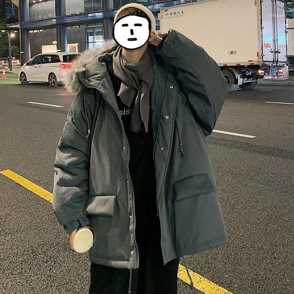 

wool collar cotton padded jacket men's winter korean fashion mid long thickened warm keeping student's cotton padded jacket work1, Black