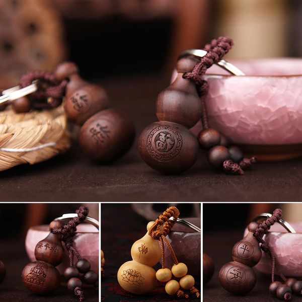

chinese traditional good luck gourd keychain cute mini peach wood key ring ful lucky pendant car keys ornaments gifts