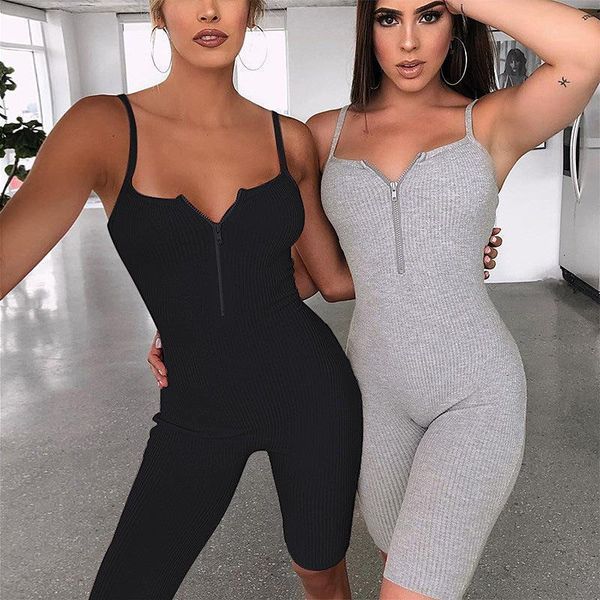 

casual woman ribbed playsuit 2020 summer jumpsuit short femme ribbed jump suit rompers backless bodysuit black gray, Black;white
