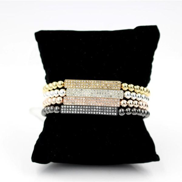 

micro pave cz bar charm bracelet women men handmade fashion brand 5mm copper bead elastic girl bracelets1, Golden;silver