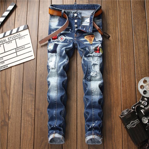 

2020wish europe and jeans male personality trend jeans embroidered badge maple leaf men's jeans foreign trade, Blue