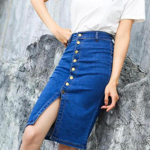 

elegant fashion breasted denim skirt stretch denim skirt high waist slim slimming female split jeans1, Black