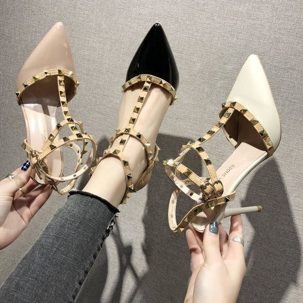 

red high heels women new thin heel pointed head, bare color rivet, one word, korean daily sandals" in summer 2020, Black