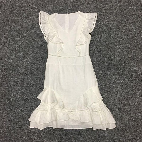 

white solid linen mini dress v-neck short sleeves with ruffled layered hem with ruffles fashion short dress woman 2020ss1, Black;gray