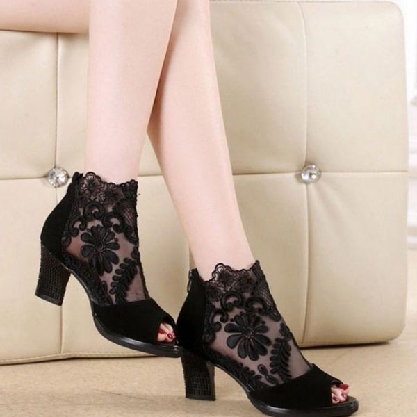 

aecbuy sandals female 2021 new luomayu mouth shoes lace net gauze breathable high heels thick heels women's shoes 7ggxpa12, Black