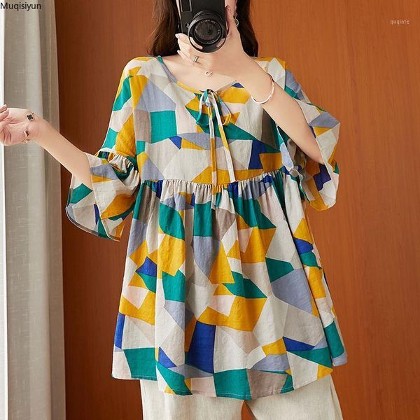 

plus size women blouse shirts cotton elegant lady tunic loose casual pleated oversize clothing print patchwork l xl s32891, White