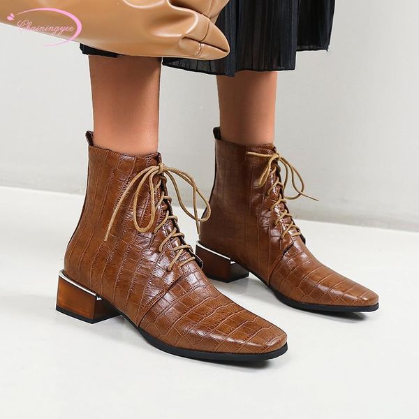 

casual style comfortable square toe ankle boots fashion lace-up black red brown medium with thick motorcycle boots women's shoes