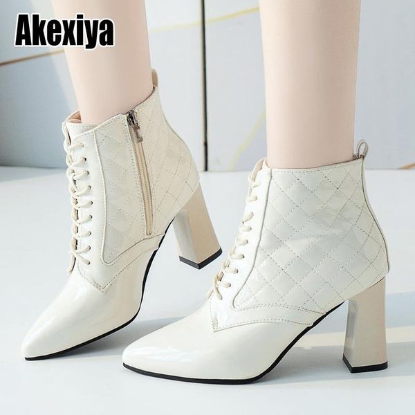 

ankle boots women thick high heels pointed toe boots female black beige leather shoes for lady 2020 autumn p155