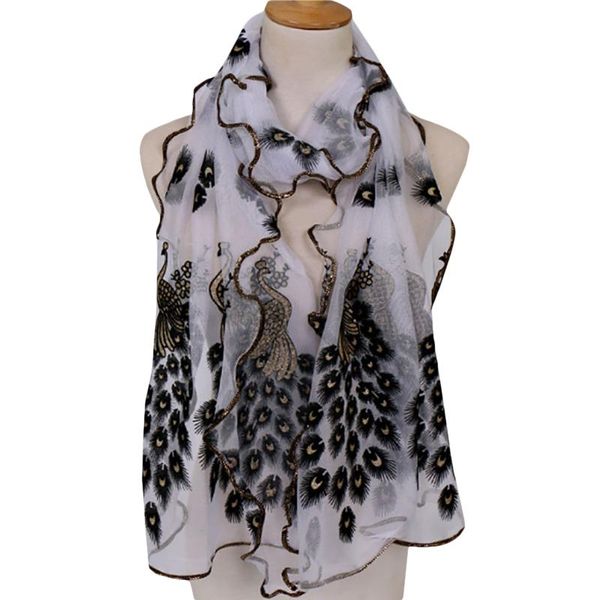

women gauze silk scarf soft comfortable ruffle peacock embroidery lace gilding long shawl chiffon ladies sunscreen scarves, Blue;gray