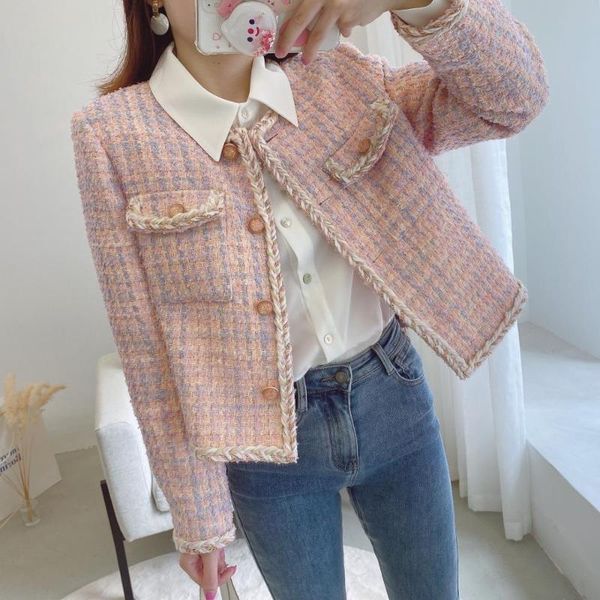 

women's jackets work wear 2021 women pink plaid wool tweed coat jacket casual warm overcoat fashion coats with two pockets, Black;brown