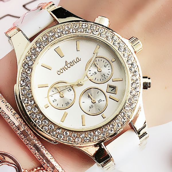 

new fashion women's watches gold white simulated-ceramics female clock ladies quartz analog wristwatches relogio feminino 201119, Slivery;brown