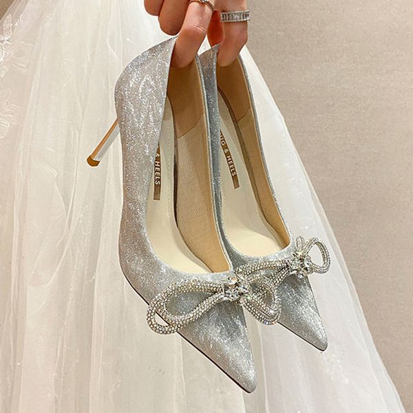 

fashion style glitter rhinestones women pumps crystal bowknot satin lady shoes genuine leather high heels party prom shoes, Black