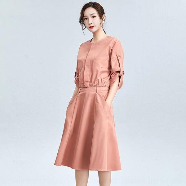 

ivl5u autumn new 2020 women's nine piece sleeve crew neck coat length a-line skirt casual suit two aline dress coat medium point set xs, Gray