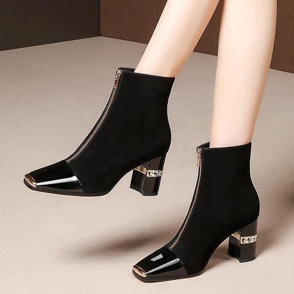 

women autumn winter ankle boots metal square toe women boots high heeled party shoes woman zipper short, Black
