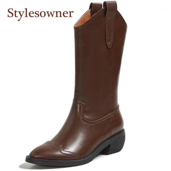 

boots retro woman western cowboy genuine leather pointed-toe square toe heel mid-calf slip-on med 2021 arrvial1, Black