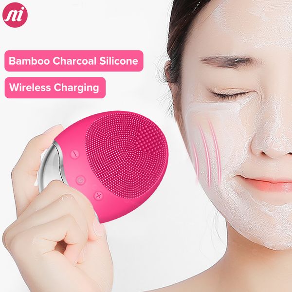 

electric sonic facial cleansing brush bamboo charcoal silicone face cleanser brush mini wireless charge vibration massager brush
