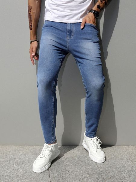 

men bleach wash skinny jeans u00h#, Blue