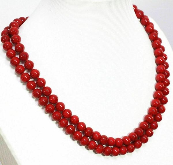 

2 rows 6-7mm red / pink japan sea red coral round gemstones beads necklace1, Silver