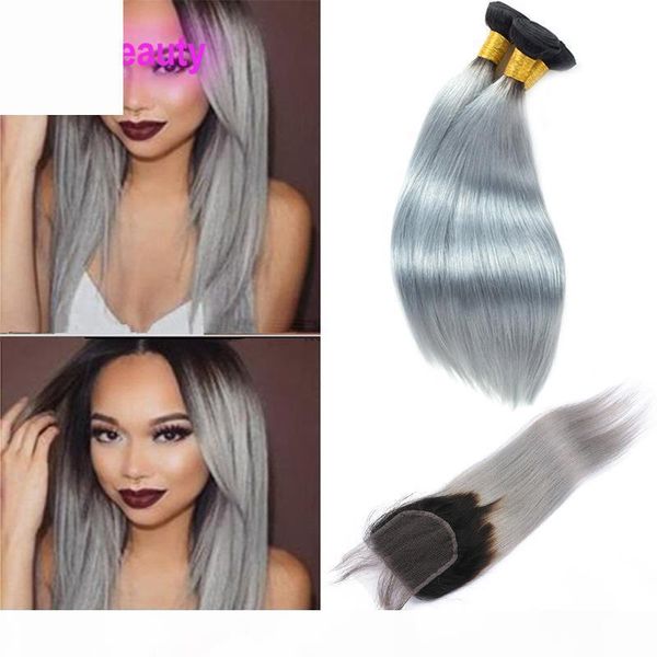 

brazilian virgin hair extensions 3 bundles with 4x4 lace closure two tones color 1b grey straight hair with 4*4 closure with baby hair, Black;brown