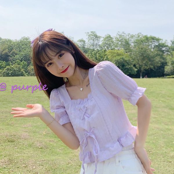 

women blouses puff sleeve summer square collar sweet girls lace up solid ruffles womens shirts korean style casual chic new bbyteu, White;black
