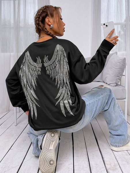 

rhinestone wing drop shoulder pullover i0du#, White;black